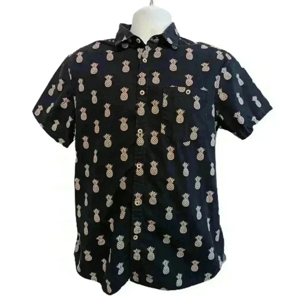Denim & Flower Pineapple Blue Shirt Slim Fit Button-Up Short Sleeve Casual Men - Picture 1 of 8